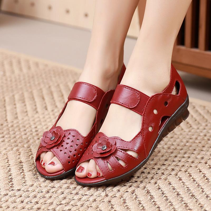 Fashion GKTINOO Women's Sandals Summer Genuine Leather Handmade Ladies Flats Sandals Women Soft Bottom Casual Non-slip Flat Mother Shoes