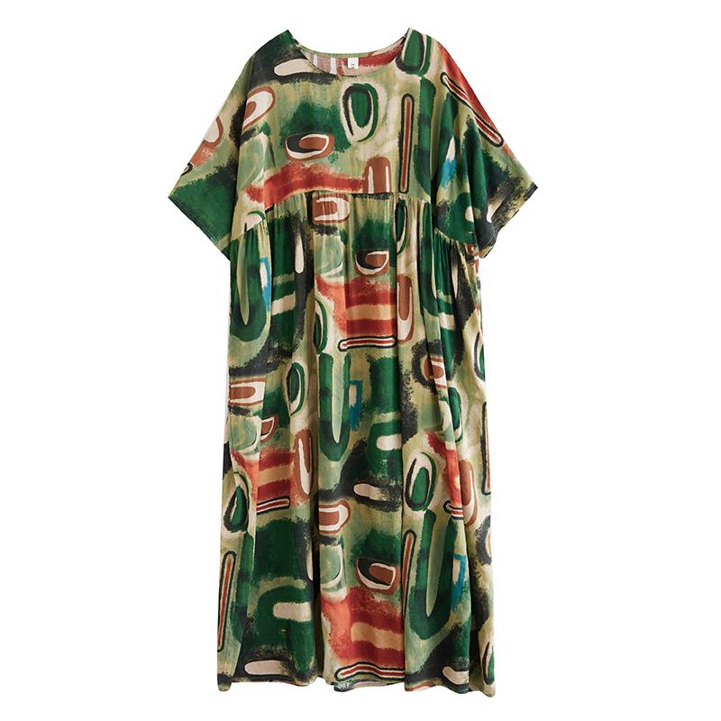 DIMANAF 2024 Übergröße Kleid Neu Sommer Basic Locker Damen O-Ausschnitt Vintage Kurzarm Große Größe Strand Langes Kleid