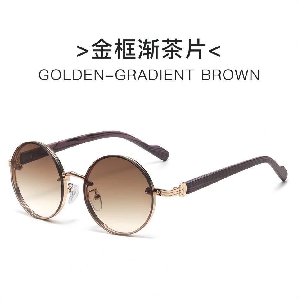 Retro Metal Circular Frame Wood Grain Temple  Unisex Outdoor Driving Sunscreen Sunglasses Optical Prescription Eyeglass Frame