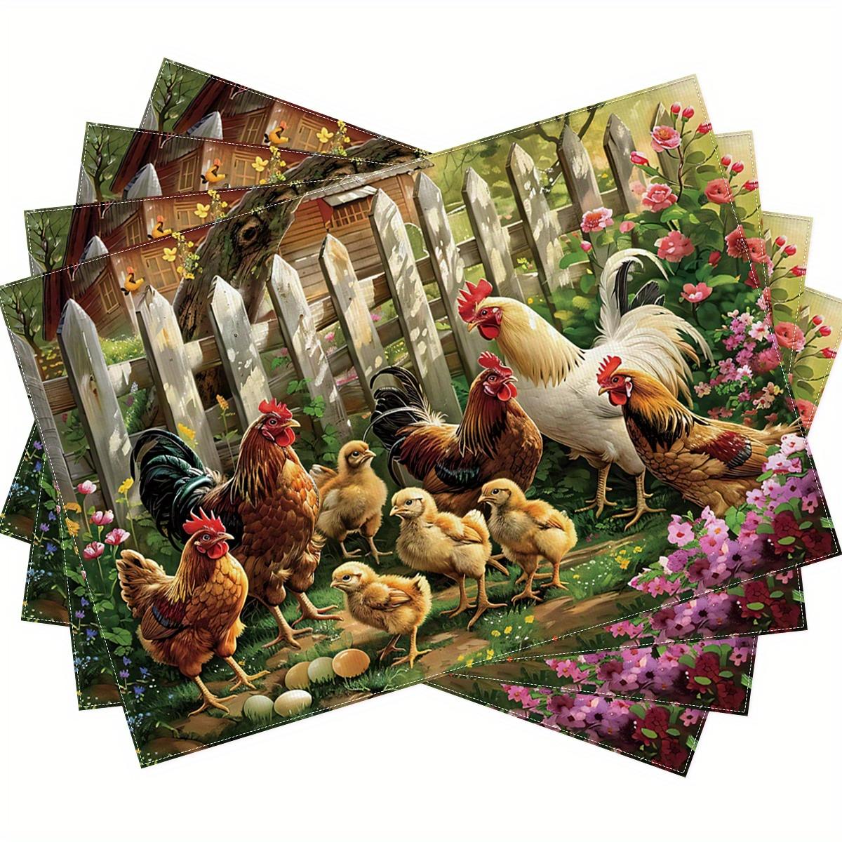Farmyard Chicken Linen Placemats Set of 4 Rooster Hen Print Table Mats for Country Kitchen Decor 4PCS