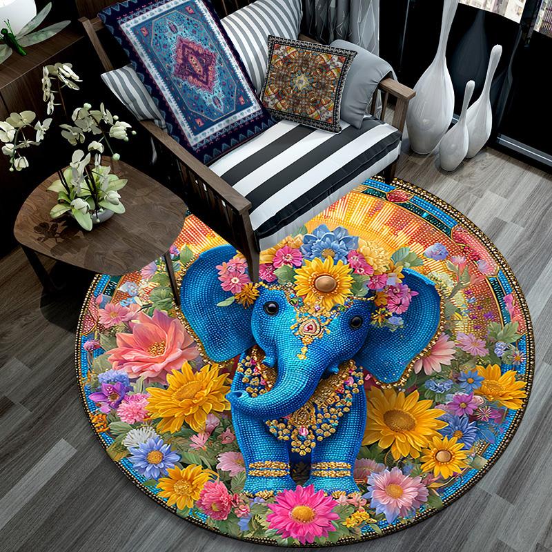 Elephant Round Area Rug,Carpet Rug for Living Room Bedroom Sofa Playroom Decor,Non-slip Floor Mat