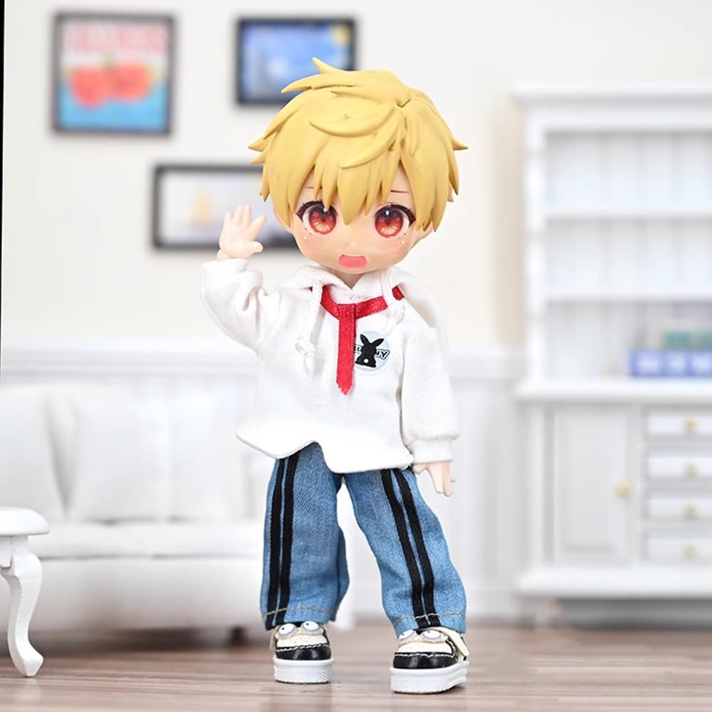 Kostým velikosti Obitsu 11 OB11 pro panenku Obitsu 11cm tělo Školní styl Oblečení Set Králičí čepice s králičími uši, Mikina s kapucí, Vesta, Kalhoty (Sada 3 kusů)