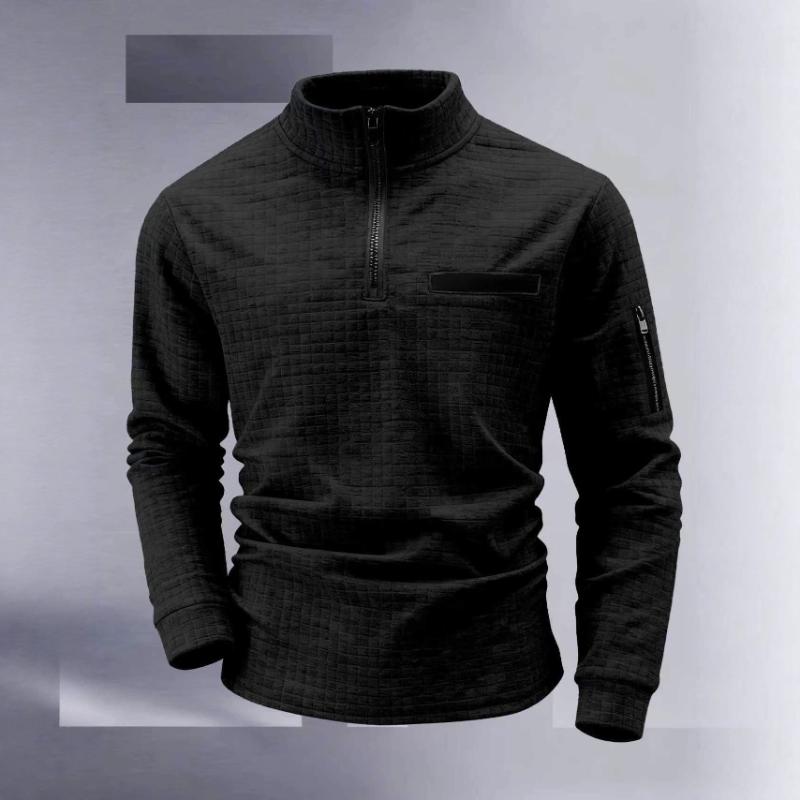 Men's Waffle Knit Quarter Zip Pullover Casual Stand Collar Long Sleeve Top With Zipper Pockets For Daily Wear