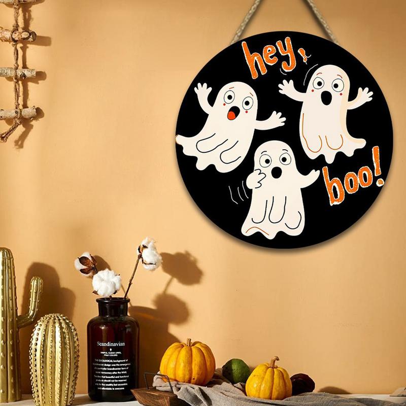 Halloween Ghost Door Sign Wooden Ghost Welcome Sign Spooky Decorative Sign for Home Holiday Yard Wall Decor