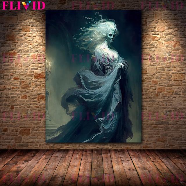Ghost House and Gothic Witch, Antique Wall Oil Painting, Retro-decoration of the Witch's Room, Art Poster