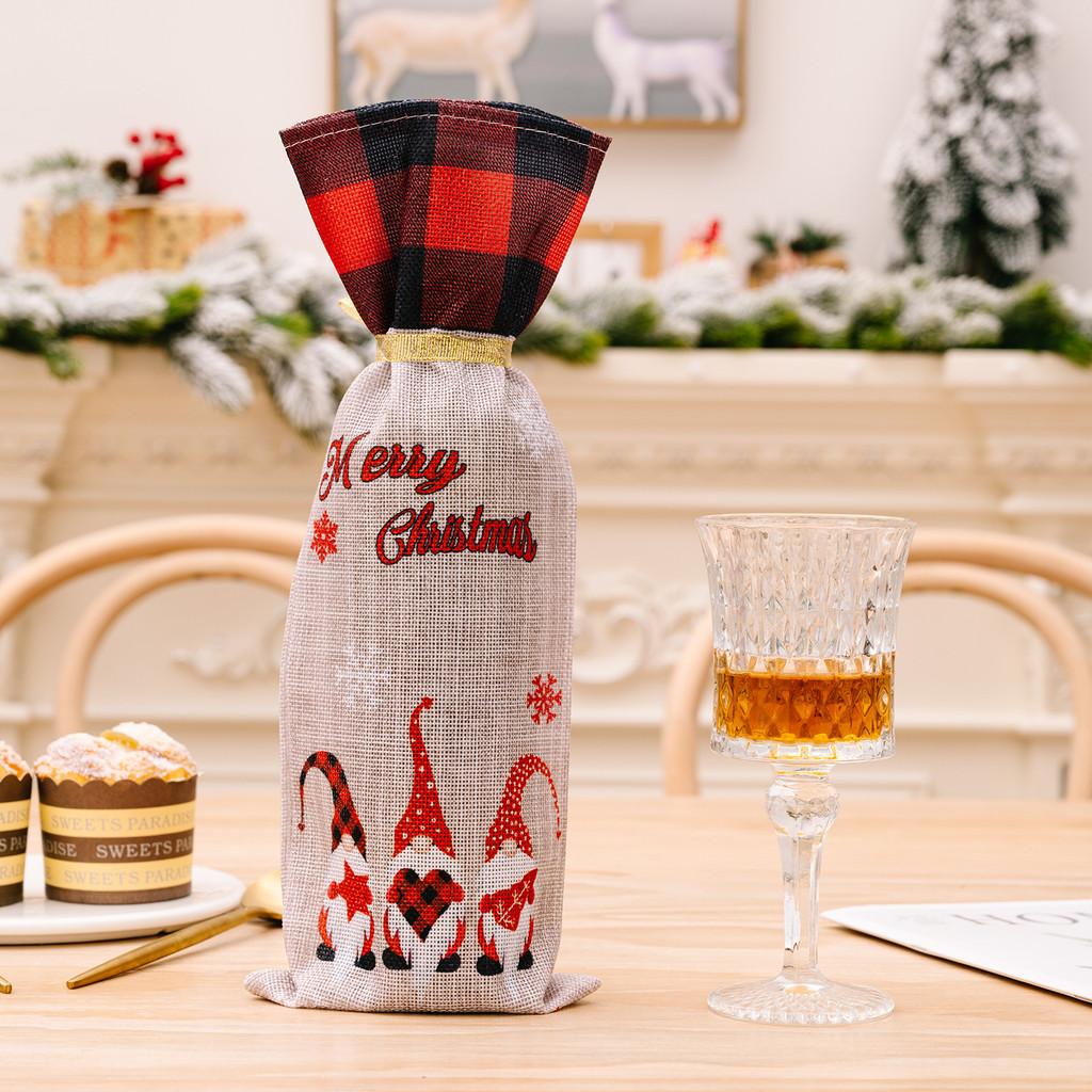 Saco para Garrafa de Vinho de Tecido Floresta de Natal com Cordão para Embalagem de Presente de Feriado