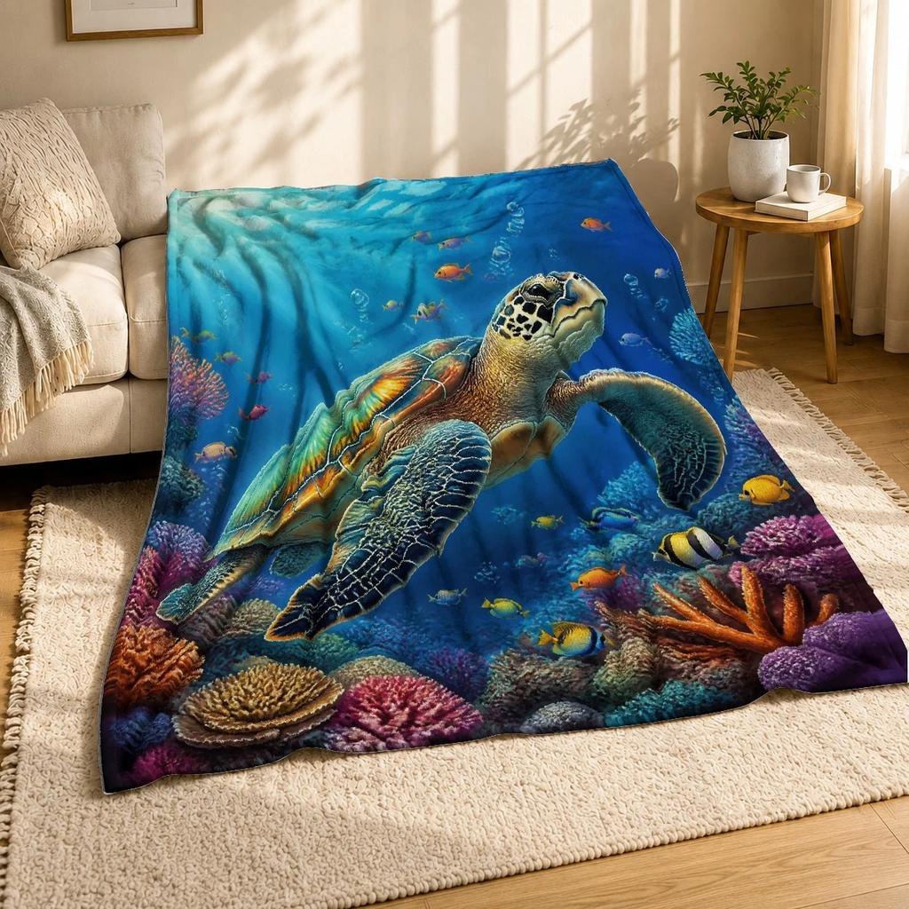 Sea Turtle Coral Reef Coral Fleece Blanket Underwater Ocean Decor