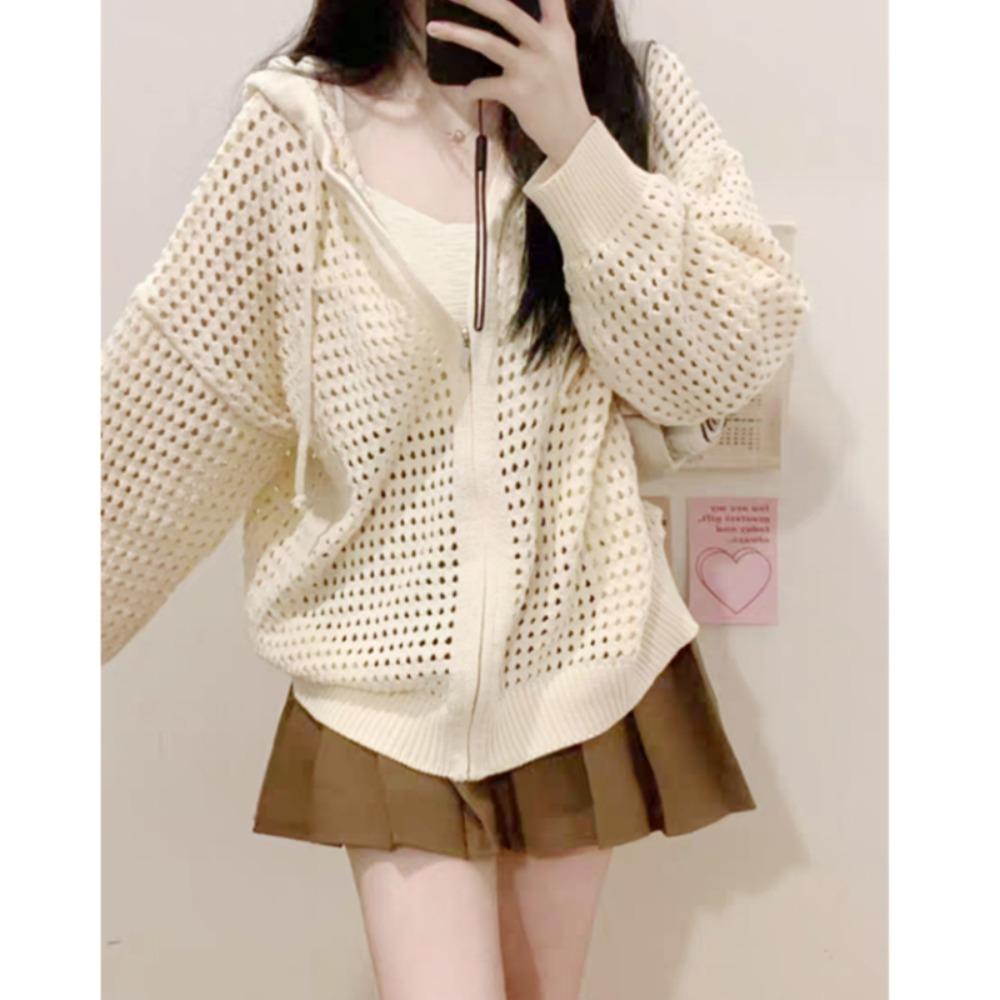 Women Hollow Out Knit Cardigan Hooded Zip Up Jacket Korean Style Spring Autumn Loose Lazy Thin Outerwear Casual Sweater Coat