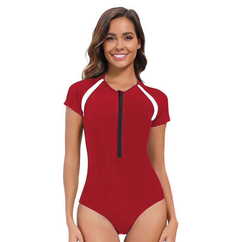 Color-Block Slim-Fit Kurzarm-Badeanzug Damen Surfer-Mode Konservativer Badeanzug