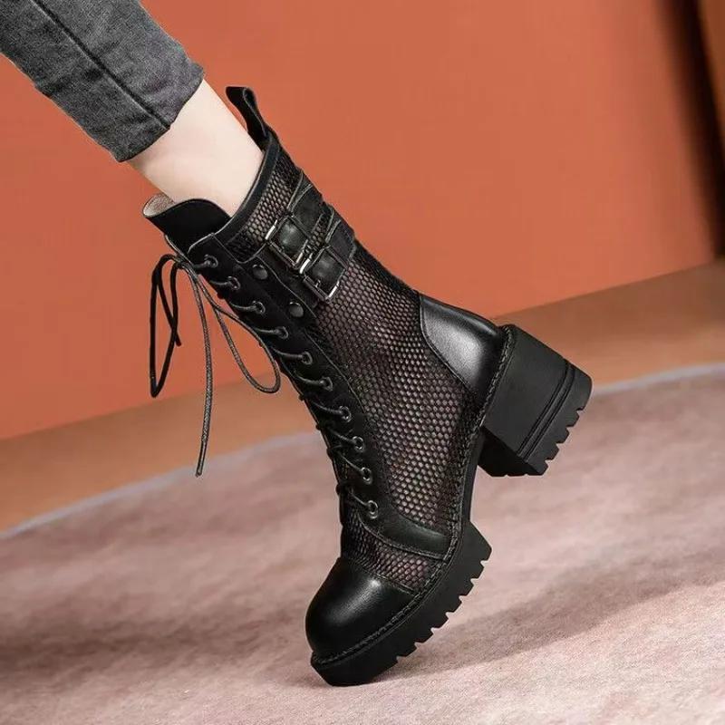 Fashion 2025 Mesh Women's Spring and Summer New Cool Boots Chunky Heel Brown Mesh Boots Hollowed Out Retro