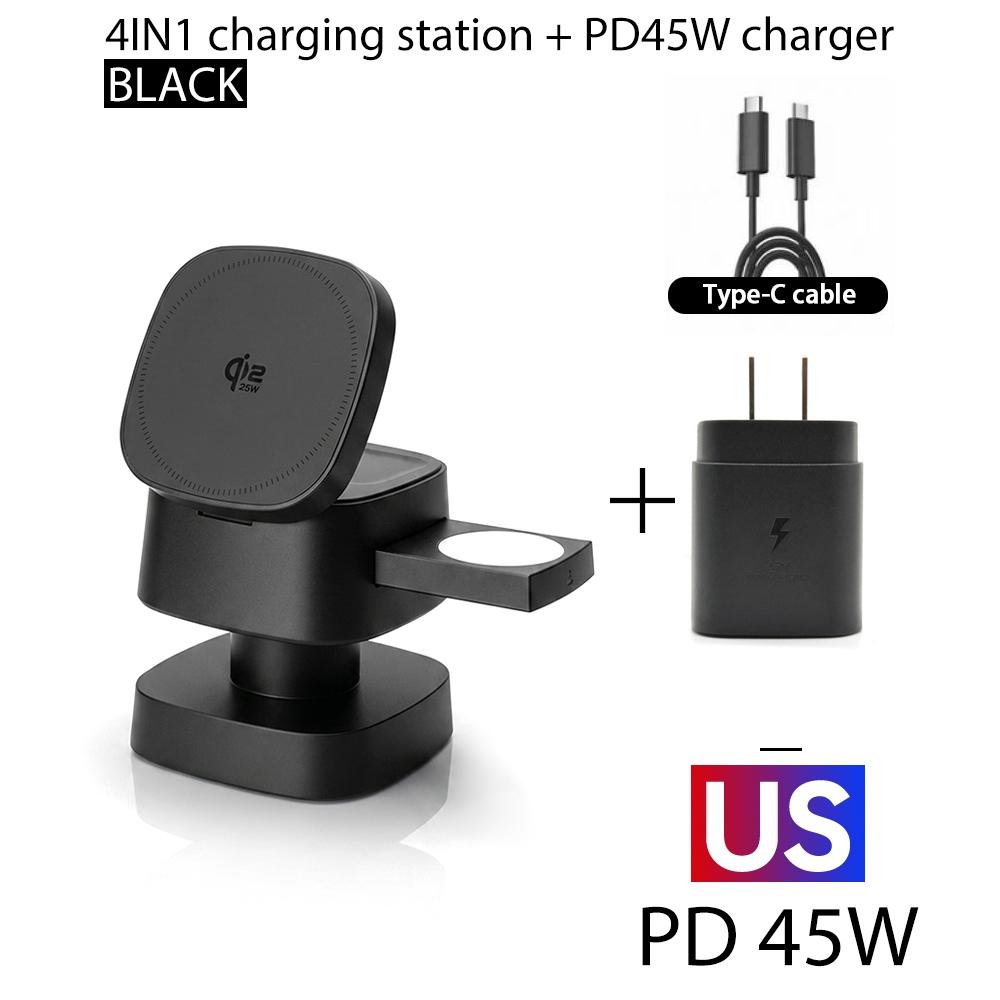 Qi2.2 25W Magnetic Wireless Charging Dock 4 in 1 Stand Bedside Nightlight 45W PD Plug For iPhone 17 16 Pro Max iWatch AirPods
