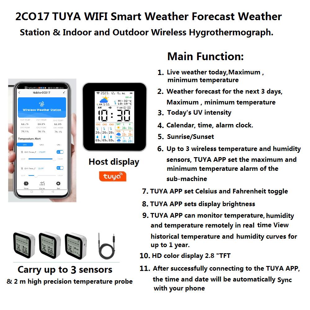 Tuya WiFi Smart Weather Station & Wireless Indoor-Outdoor Thermohygrometer Clock