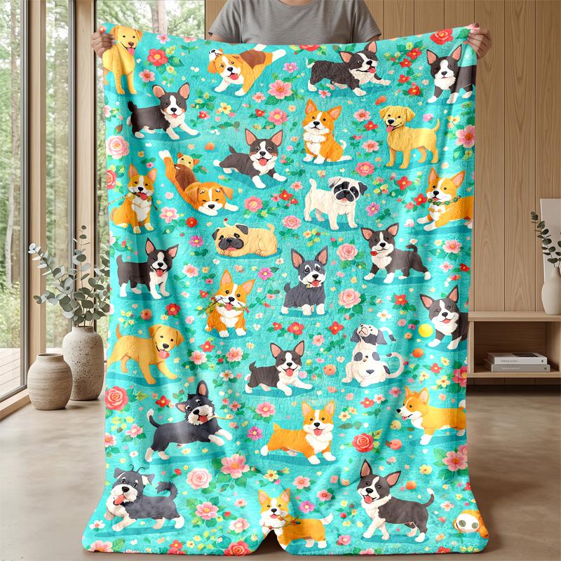 Colorful Dog Pattern with Flowers blanket Personalized Name Flannel Blanket Soft Cozy Plush Throw for Sofa Bed Lightweight Home Decor