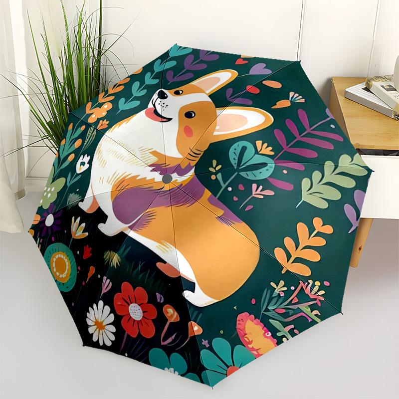 1pc Floral Corgi Fashionable Automatic Opening/Closing Folding Umbrella with 8 Bones, Windproof Portable, Daily Use061