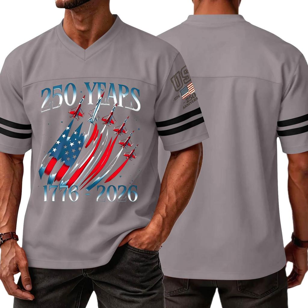 Men V Neck Short Sleeve Jersey Style T Shirt with 250 Years 1776 2026 Print and Graphic Sports Top