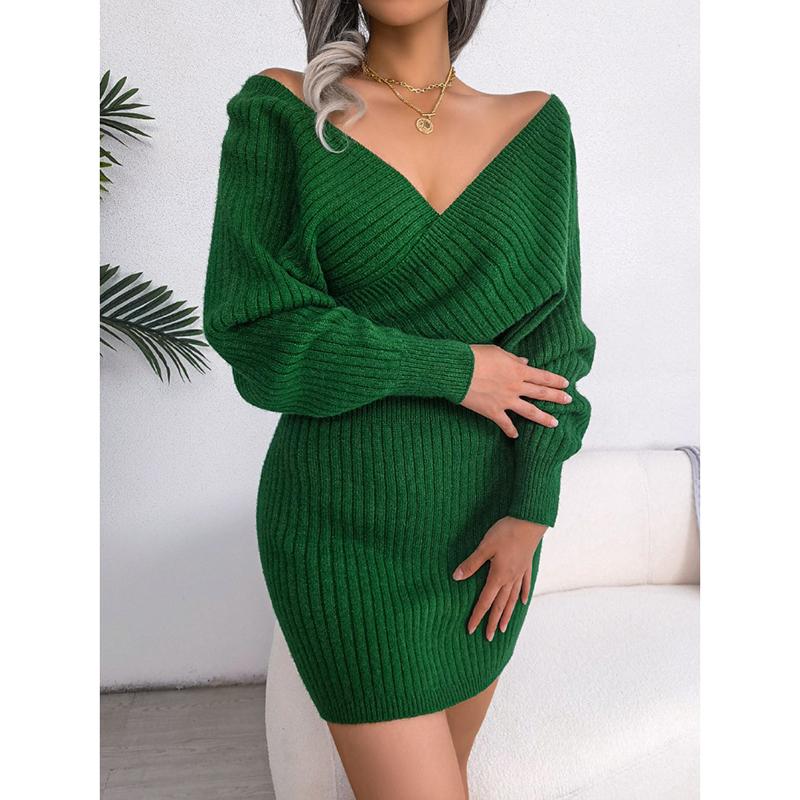 Podzimní a zimní sexy šaty s dlouhým rukávem a výstřihem do V pro ženy Elegantní módní dámské svetrové šaty s vysokým pasem Ležérní slim střih Jednobarevné pletené šaty 25103