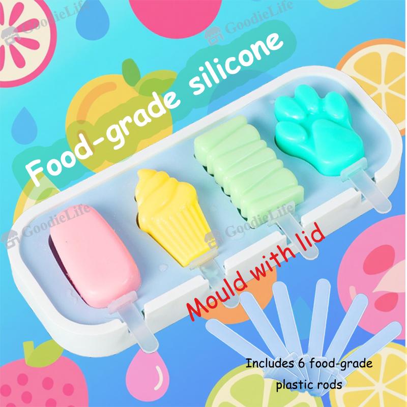 Food Grade Silicone Moulds, Reusable,Silicone Icicle Moulds +6 Reusable Sticks, Silicone Ice Moulds for Kids with Handle, Ice Lolly Moulds with Lid