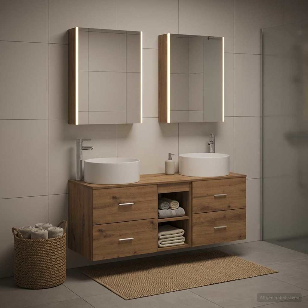 5 Piece Bathroom Furniture Set Artisan Oak Engineered Wood & Glass