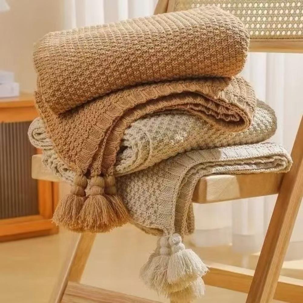 Waffle Pattern Nordic Knitted Blanket with Tassel Sofa Blanket Simple Nap Blanket  Bed