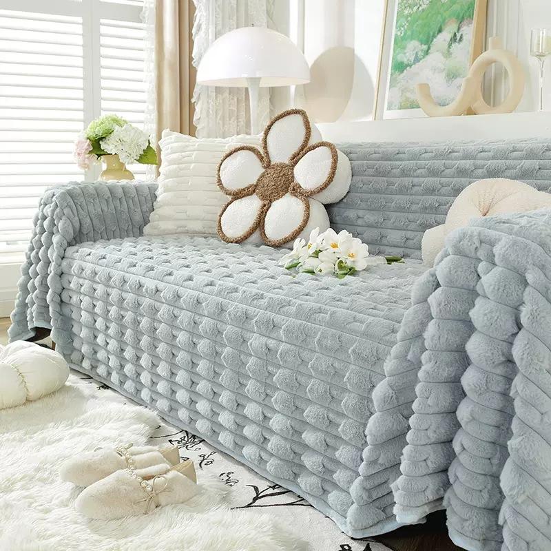 Rabbit Pile Sofa Cover Cloth Winter New Solid Color Thickened Plush Non-slip Leather Sofa Cushion Cover Scarf Full Blanket