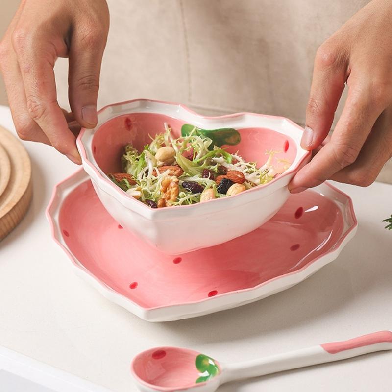 Multipurpose Strawberry Heart Ceramic Dinnerware Salad Bowl Plate Dish for Breakfast Lunch Dinner Dessert Serving