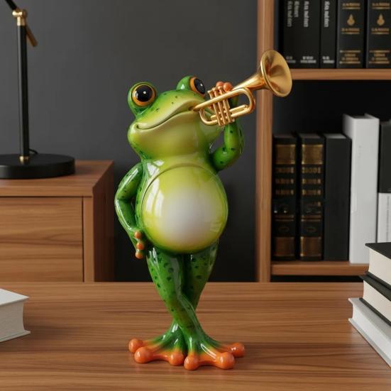 Yousheng Frog Musician Statue Hand-Engraved Frog Ornament with UV Coating Mini Resin Figurine Playing Musical Instrument Garden Decor