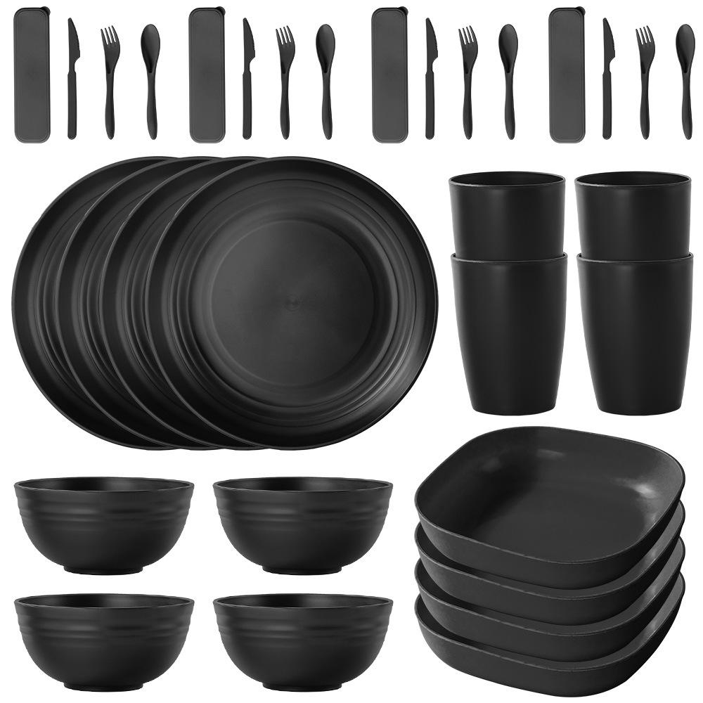 Black Wheat Straw 16PC Dinnerware Set: Plates, Bowls, Cups, Cutlery