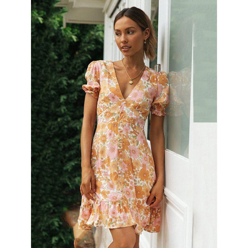 Silky Glaze French Style Seaside Vacation Style Pure Desire V-neck Puff Sleeve Flowers Print Dress Beach Skirt