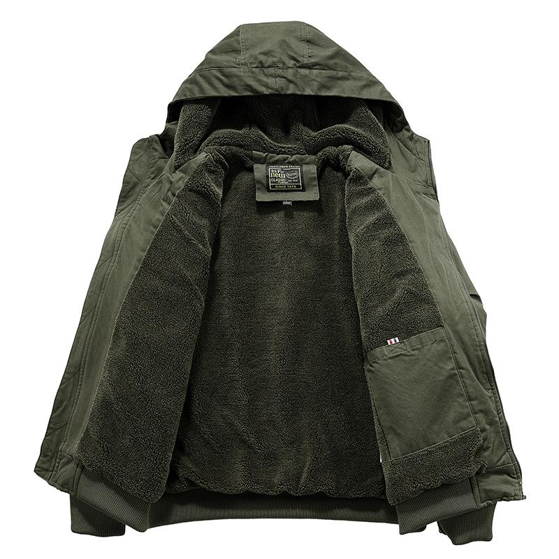 Herren Arbeitsjacke mit Kapuze aus reiner Baumwolle, Herbst/Winter, mit Samtfutter, Verdickt, Lockerer Schnitt, Übergröße, Stil 6836.