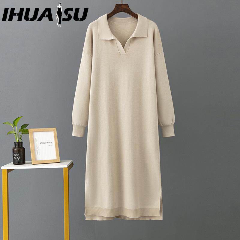 IHUASU Women's Autumn Winter Knitted Loose Large Solid Color Polo Collar Dresses with Lining