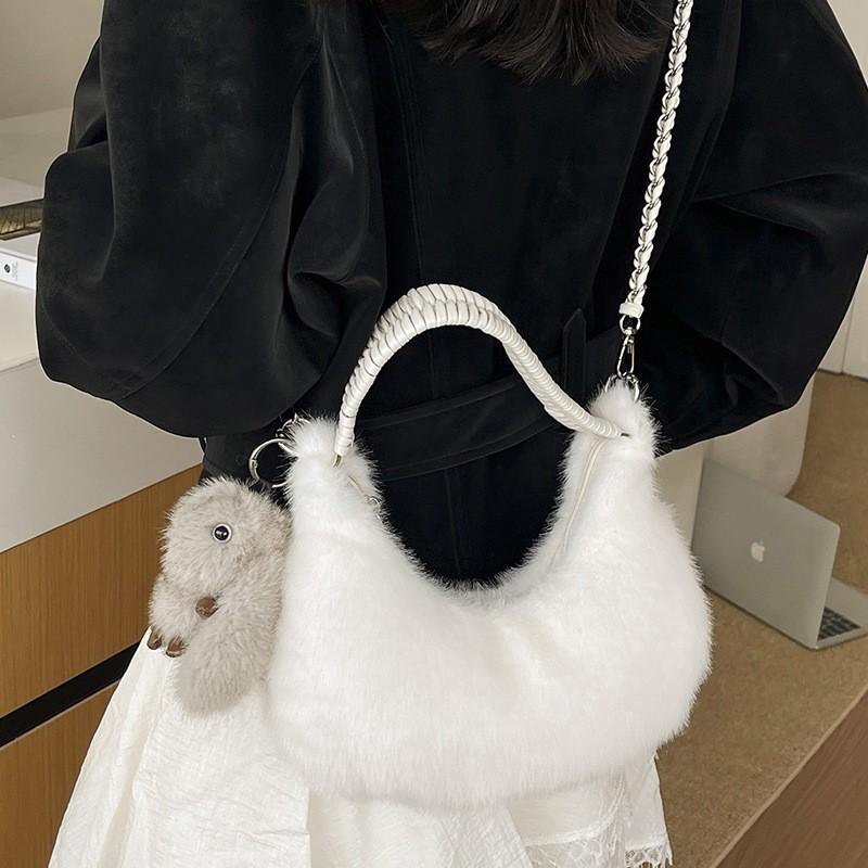 Cute Plush Shoulder Bag Women Soft Faux Fur Crossbody With Zip Card Pocket Urban Minimalist Style