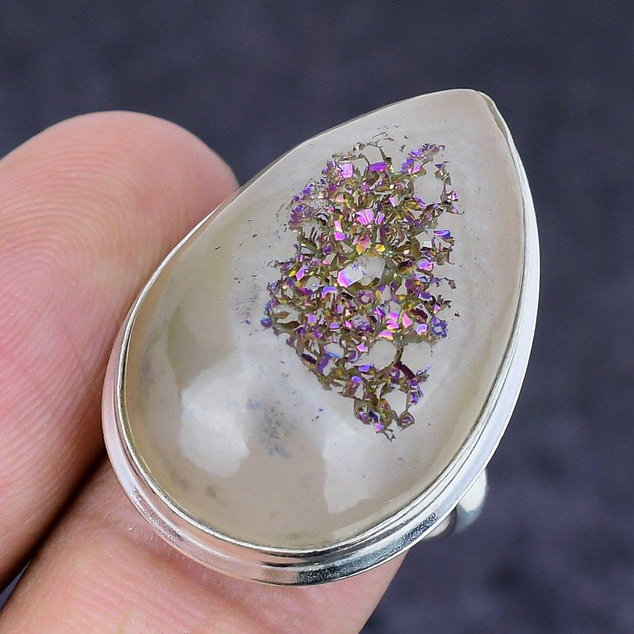 Natural Titanium Druzy Gemstone 925 Sterling Silver Jewelry Ring Size 7.5 g1E83