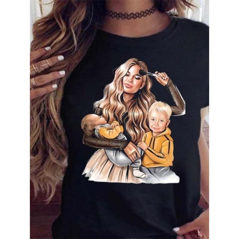 Maycaur Women T Shirt Cartoon Mom Daughter Son Print Lady T-shirts Short Sleeve Tops Women's Kawaii Graphic Female Tshirt Clothe
