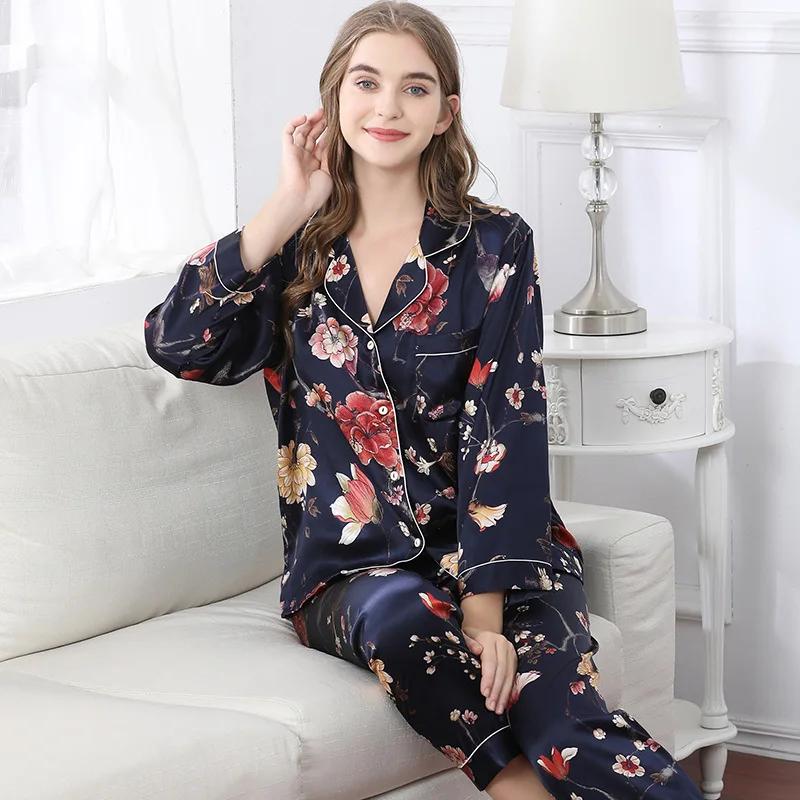 Silk Women's Pajamas Set 100% Mulberry Silk Spring and Autumn Long-sleeved Silk Women's Home Wear Pajamas