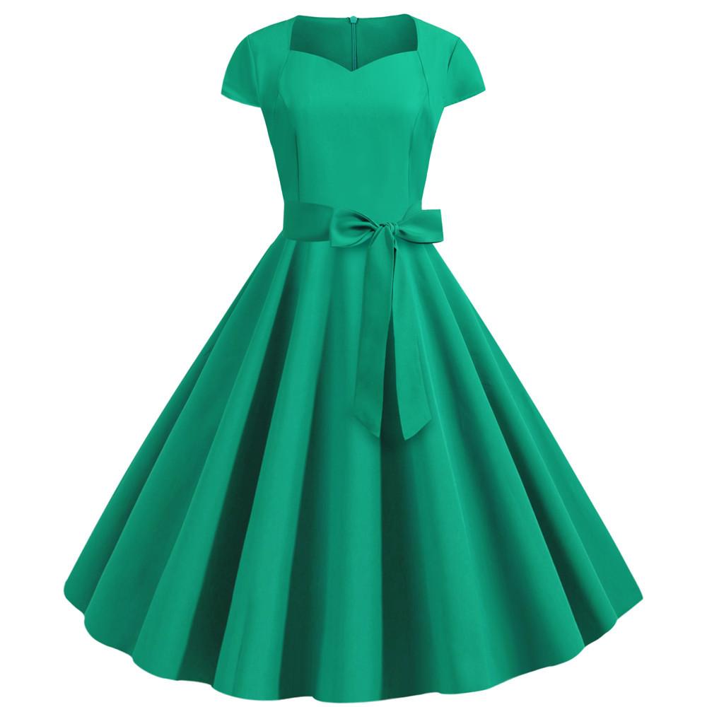 Summer New Style Solid Color Green Short-sleeved Casual Retro Big Swing Dress
