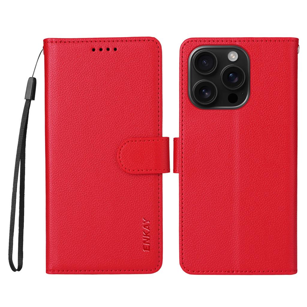 For iPhone 16 Pro Wallet Case with Strap RFID Blocking Leather Stand Phone Cover