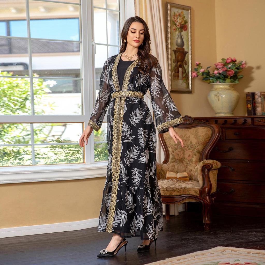 AB363 Dubai Eid al-Adha Mesh Embroidery Patchwork Muslim Two-Piece Set