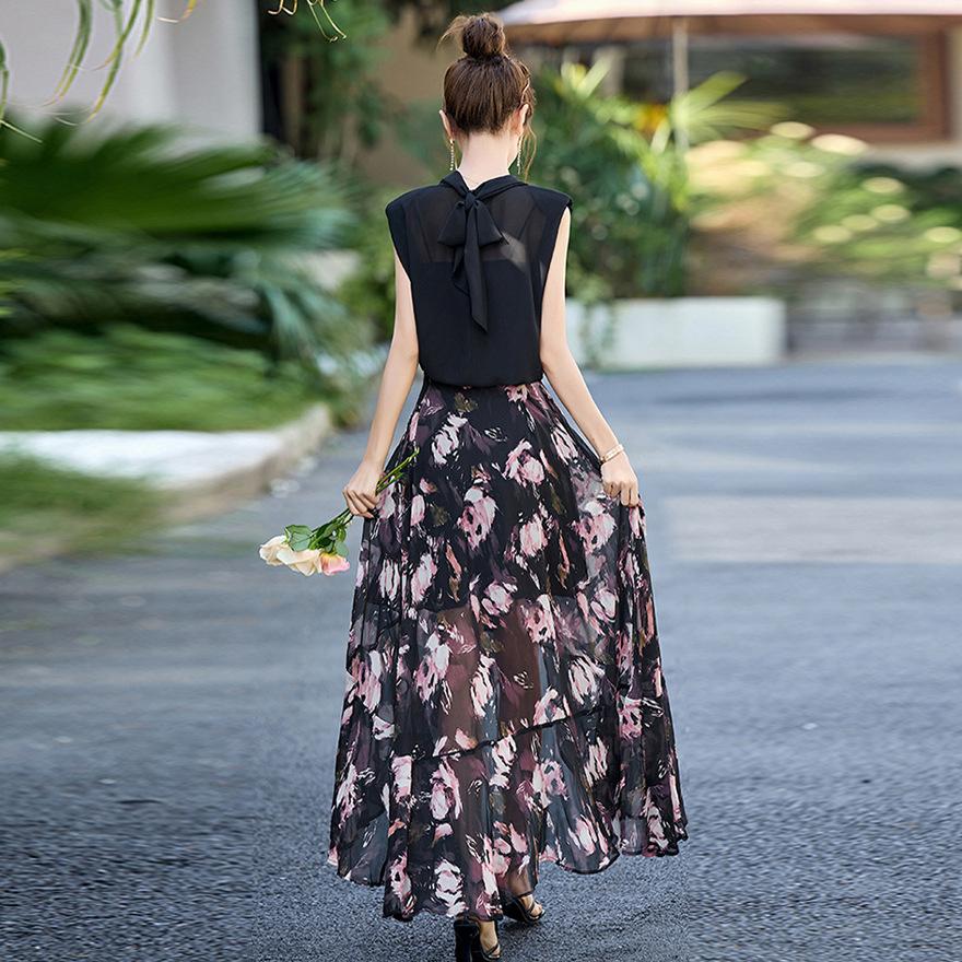Printed dress two-piece set summer new design temperament elegant waist thin dress set