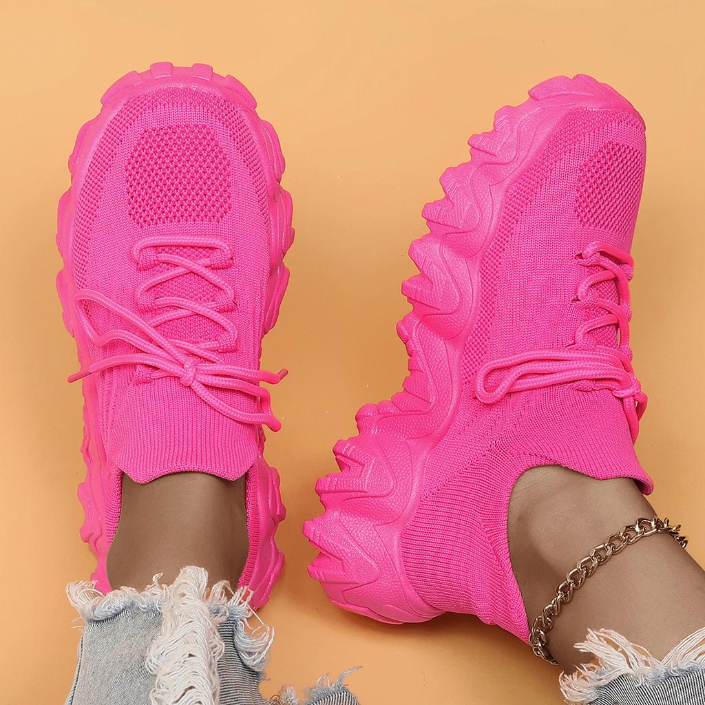 Women Knit Sneakers Thick Chunky Sole Breathable Lace Up Non Slip Platform Walking Sport Casual Shoes