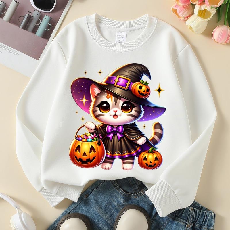 Kids Crewneck Sweatshirt, Cute Halloween Witch Cat with Pumpkin Basket Print, Soft Casual Pullover for Fall Winter
