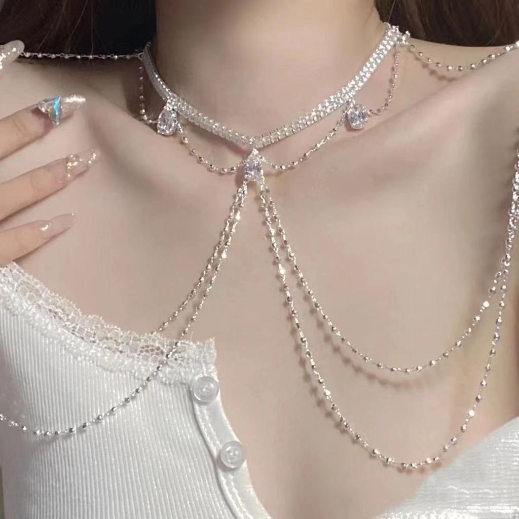 Rhinestone Body Chain, Sweet Cool Bikini Accessory, Trendy Women Holiday Clavicle Jewelry