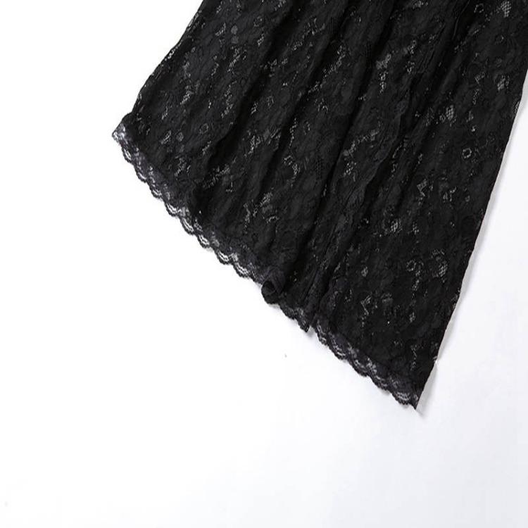 Sexy Backless Long Split Lace Dress for Women Square Collar Three Quarter Sleeve Summer Solid Dress