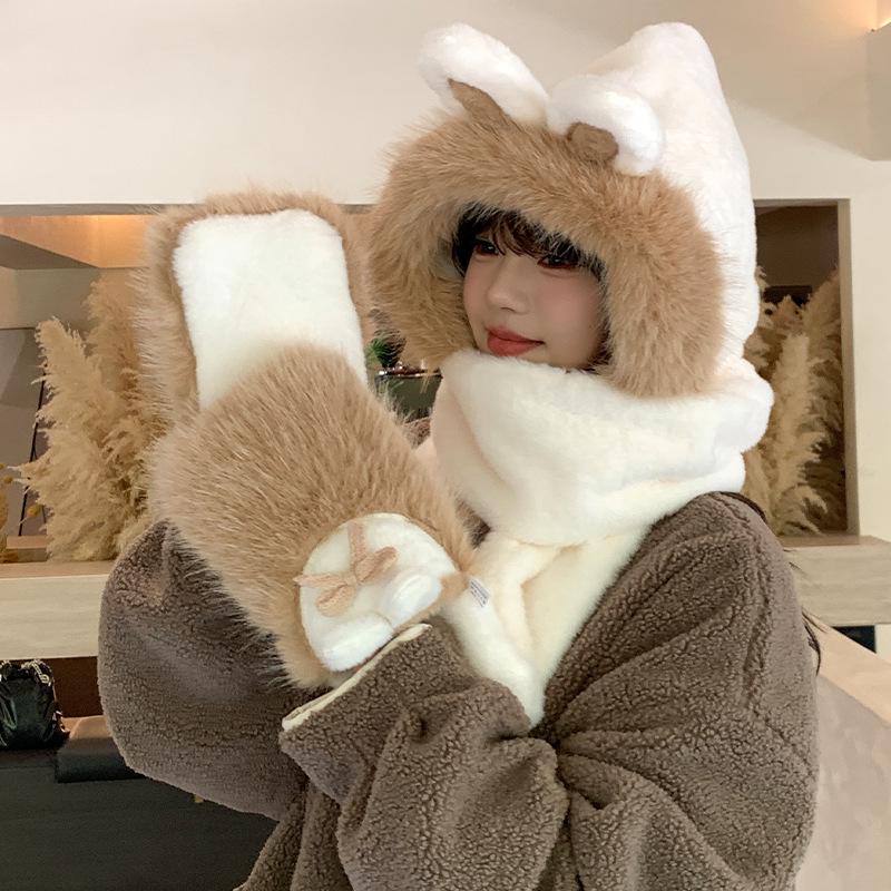 Women's Cozy Fox Ear Plush Hat with Integrated Scarf - Warm, Soft Lei Feng Design for Autumn and Winter. Perfect Ear Protection for Students.