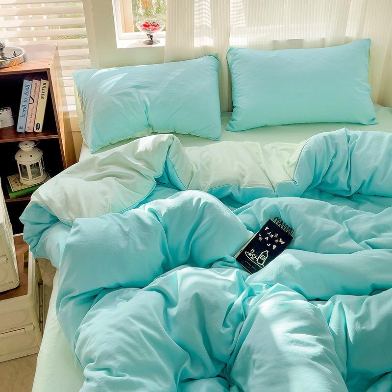 Solid Color Spliced Washed Cotton Bedding Set Moisture Absorbing Breathable Bed Sheet Envelope Pillowcase Dust Proof Mattress Protective Cover