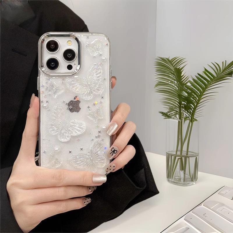 Small fresh Epoxy butterfly is suitable for Apple 16 mobile phone case 14/13promax is suitable for 16pro premium pearl.