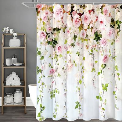 Frühlings-Rosenblumen-Duschvorhang, Dekorativer Badezimmer-Duschvorhang, Wasserdichter Duschvorhang mit Haken
