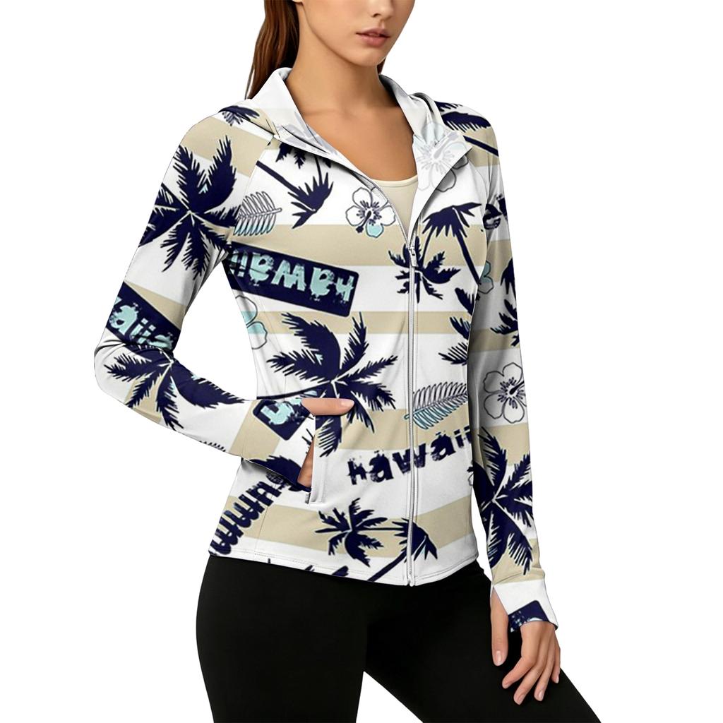 Women’s Zip Up Hooded Sun Jacket with Pockets Long Sleeve Lightweight Outerwear Tropical Print Design