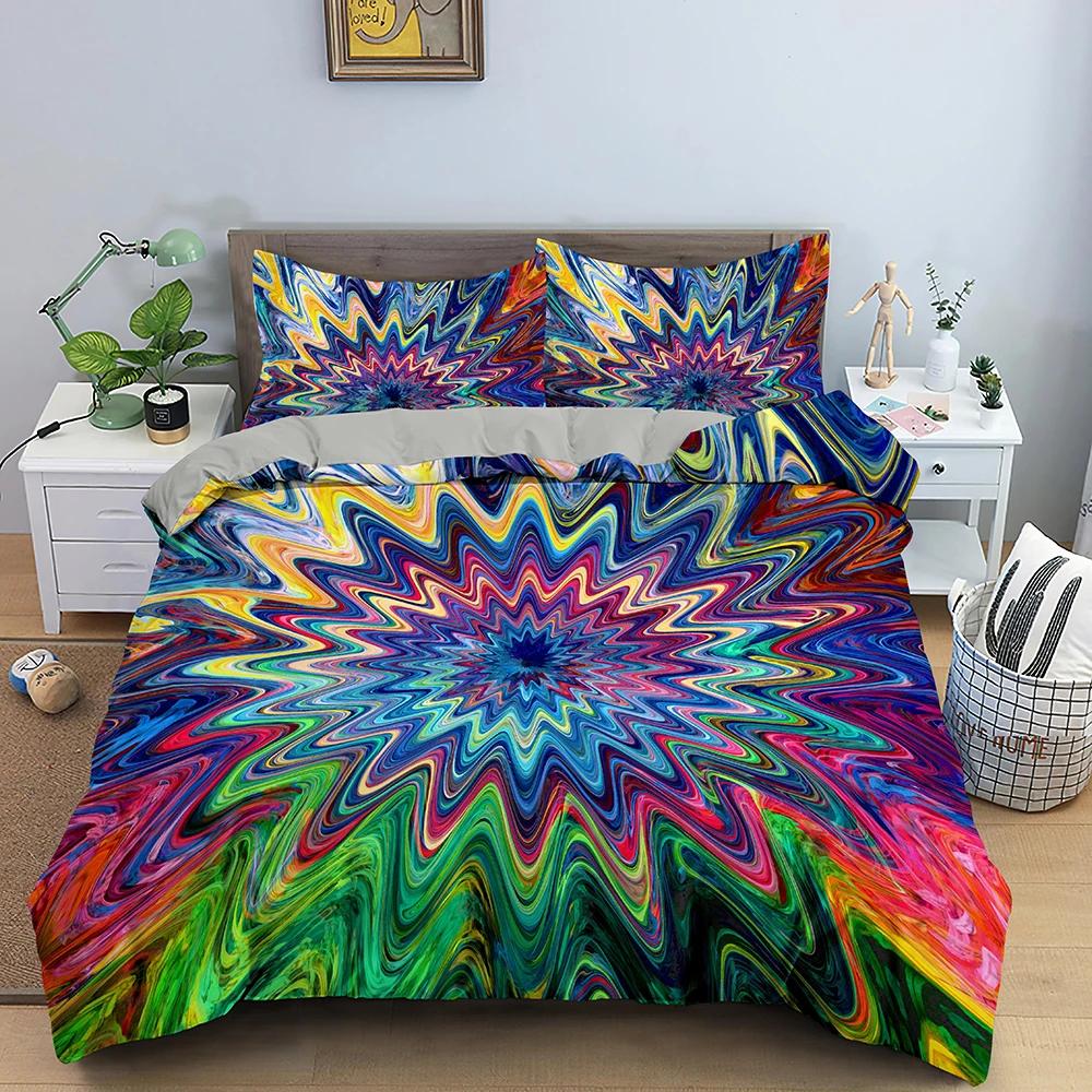 3D abstraktní povlak na přikrývku King Queen Size Barevné vlnité povlečení Set Psychedelický geometrický měkký povlak na přikrývku s povlakem na polštář