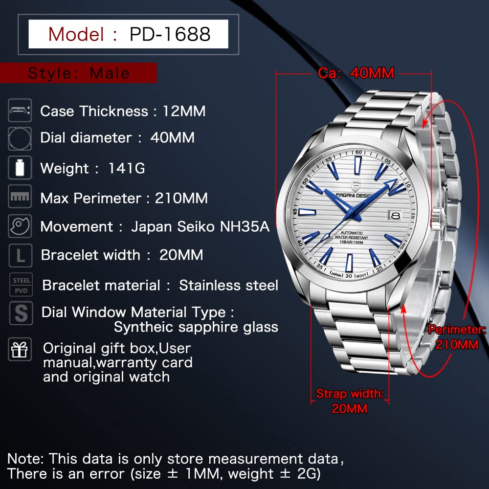 Pagani Design Made In Seiko NH35 Aqua Terra Stainless Rubber Sapphire Dress Perfect for and Men's Watch, Japan, Movement, Automatic, Mechanical,