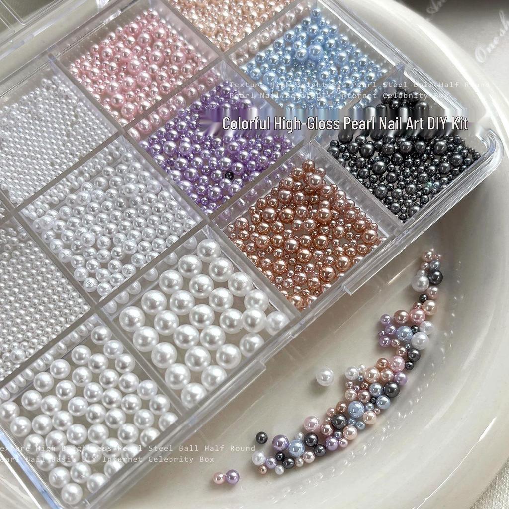 12-Fächer Perlen Nail Art Dekorationen: Stahlperlen in gemischter Größe & flache Halbrund-Strasssteine Weiß, Zubehör